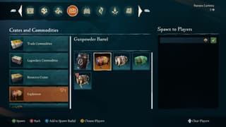 The full-screen Command Menu showing crate and commodity categories and item variants